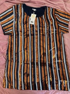 Sequin Striped Mini Dress in Orange & Black